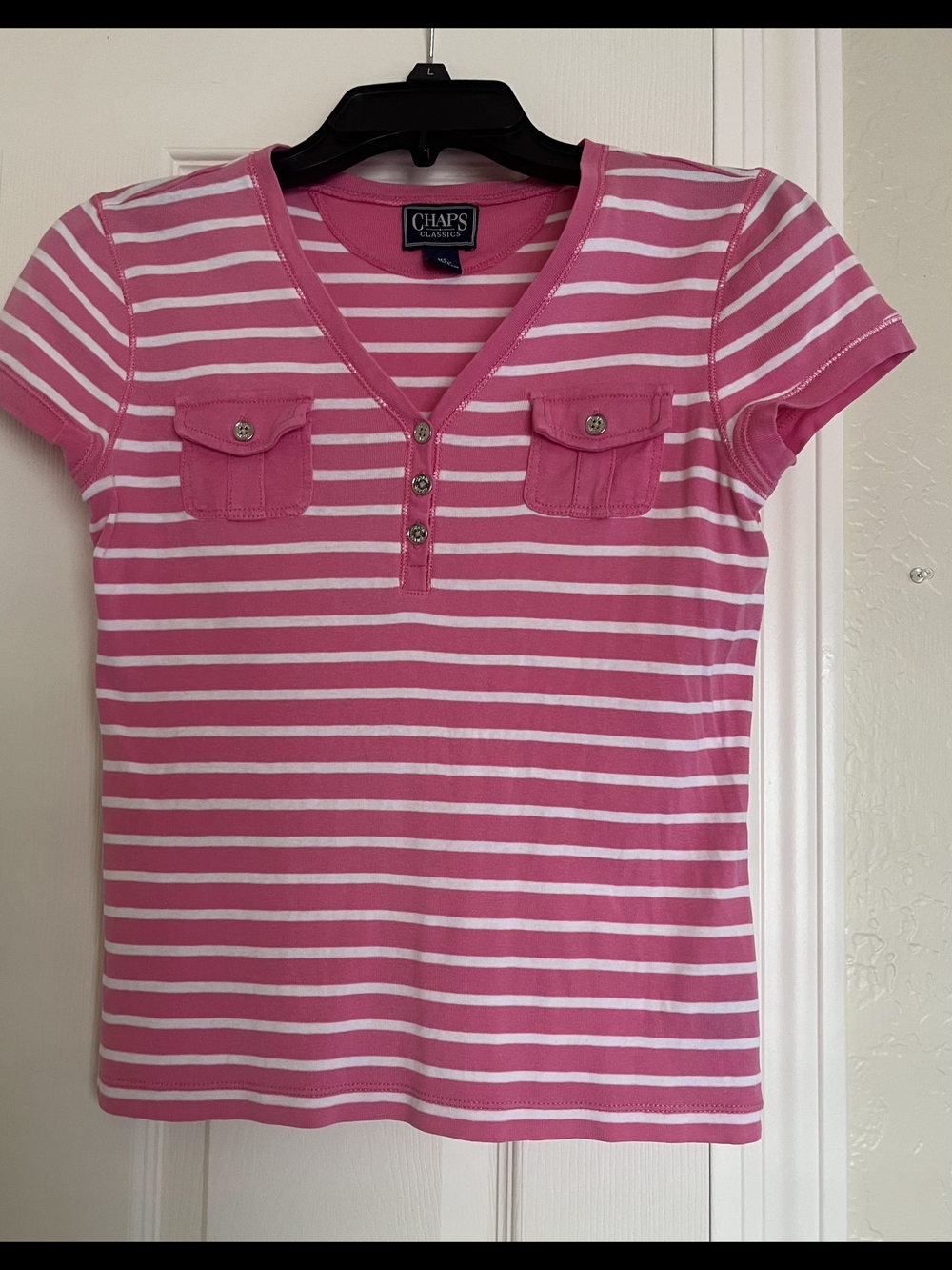 Chaps Pink & White Striped Short-Sleeve Henley Tee